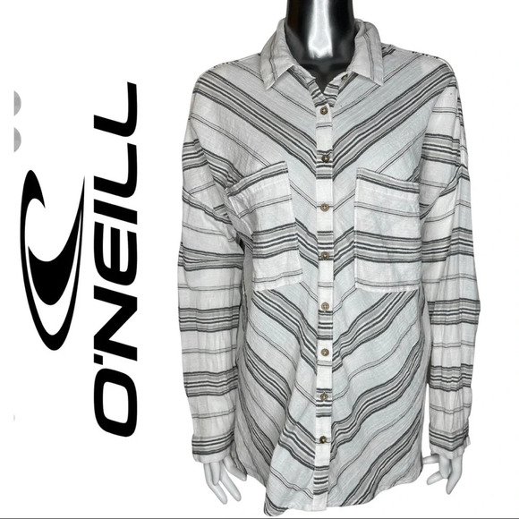 🛍️3/$40 O'Neill Button Front Long Sleeve Stripe Top Grey White Blouse Small - Picture 1 of 6
